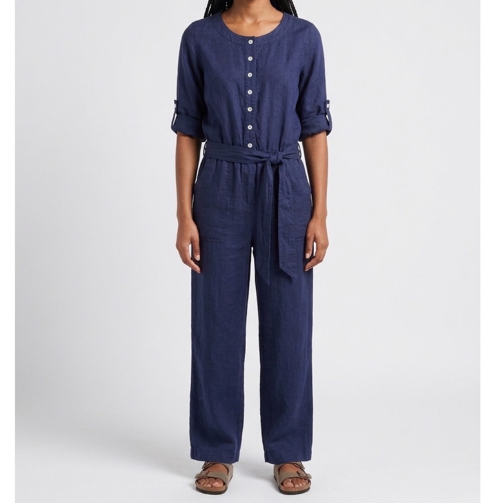 Chelsea & Violet 100% Linen Women Belted Utility Jumpsuit Navy Blue M Effortless